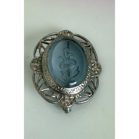 Vintage 30's Blue Glass Flower Intaglio Brooch Rhodium Plated - Picture 4 of 8
